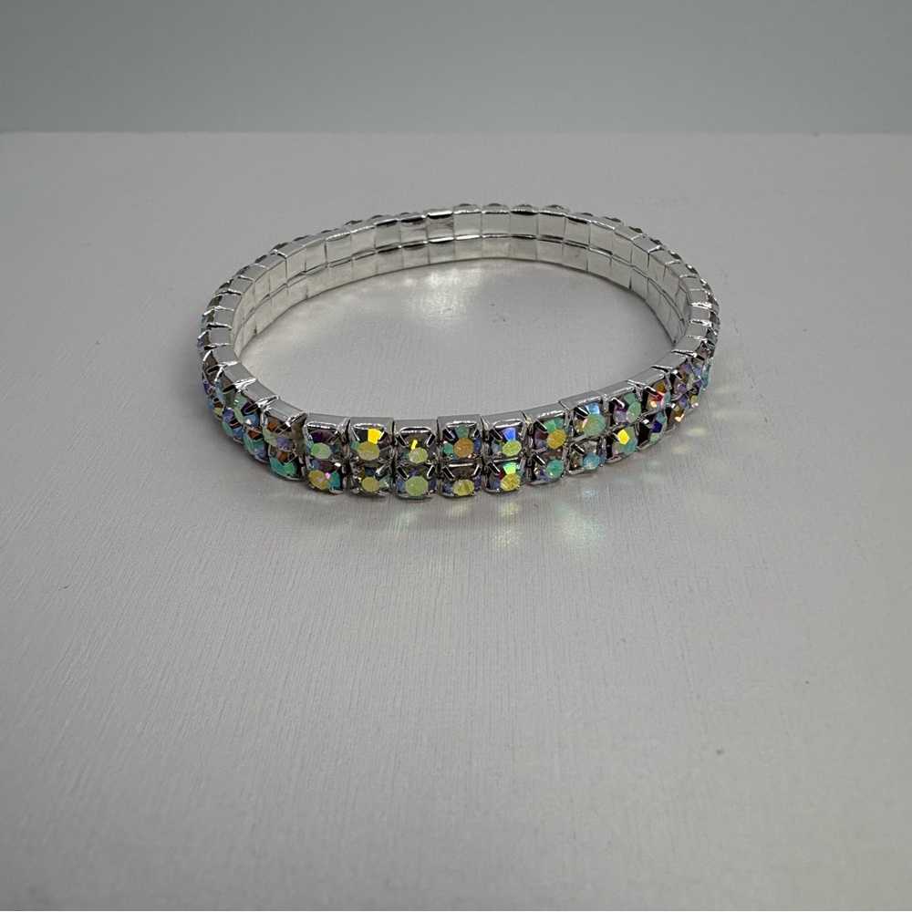 2 Row AB Crystal Rhinestone Stretch Iridescent Wedding Bracelet in Silver Tone
